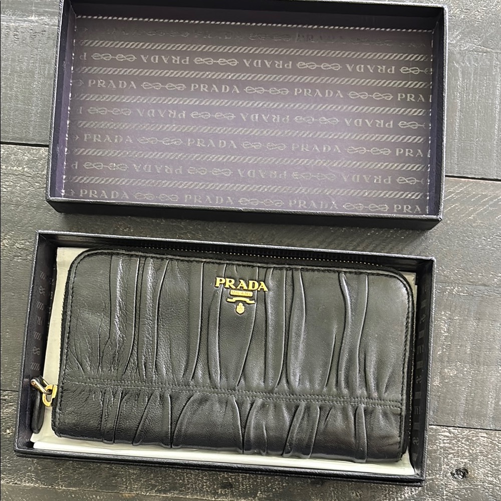 Prada Black Ruched Leather Zip Wallet